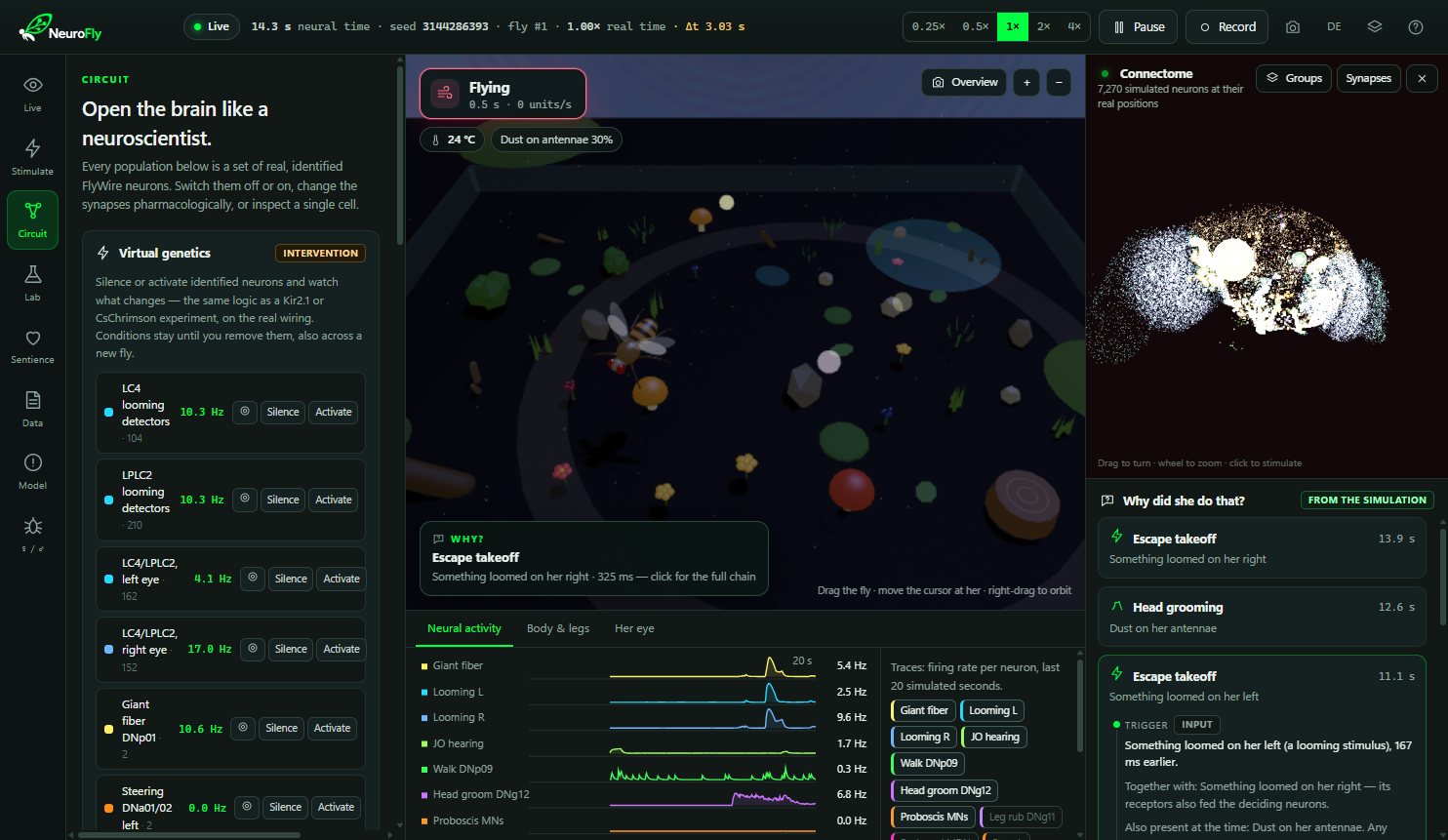 Circuit workspace: identified neuron populations with their live firing rates and buttons to silence or activate each