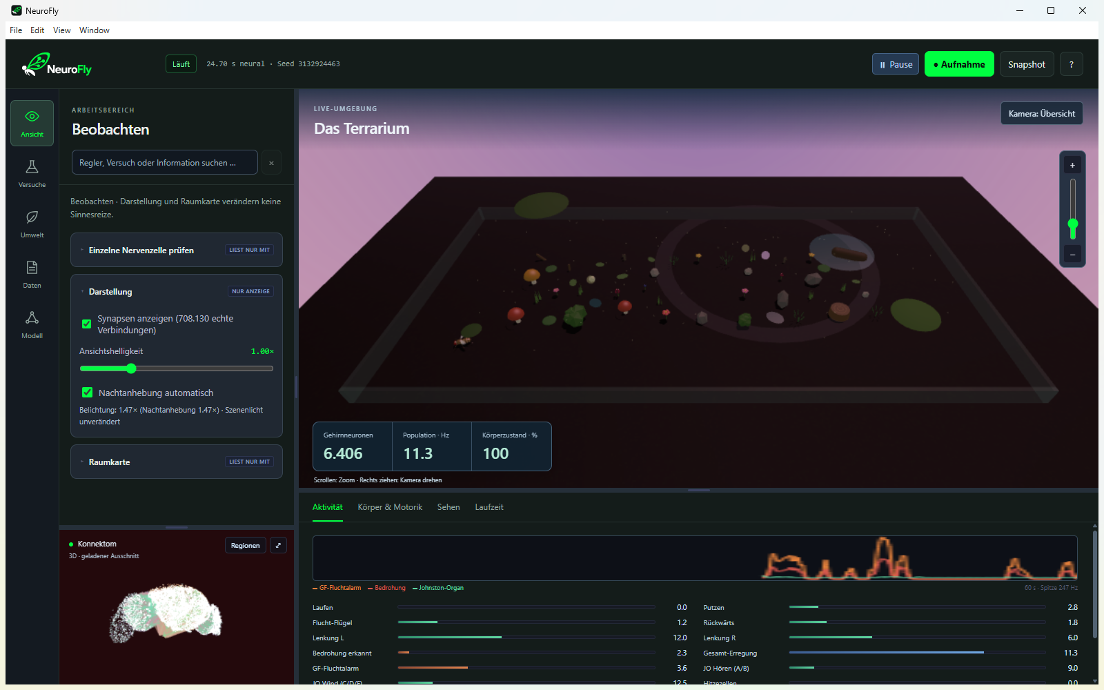 NeuroFly: the terrarium with the fly, a live brain view, and a measurement console showing firing rates